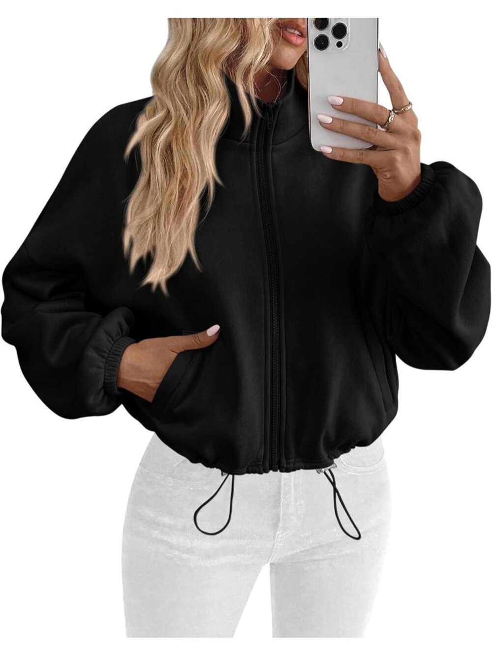 Women's Black Long Sleeve Mock Neck ZIP Up Cropped Jacket Fleece Sweatshirt